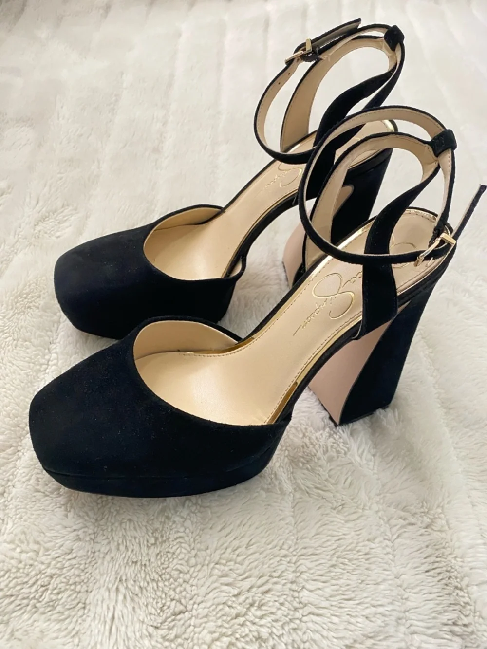 Jessica Simpson Black Suede Platform Block Heels with Ankle Strap Size 8.5